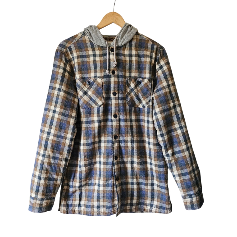 Weatherproof Vintage Hooded Flannel Shirt Jacket Plaid Brown Blue Small‎ Shacket